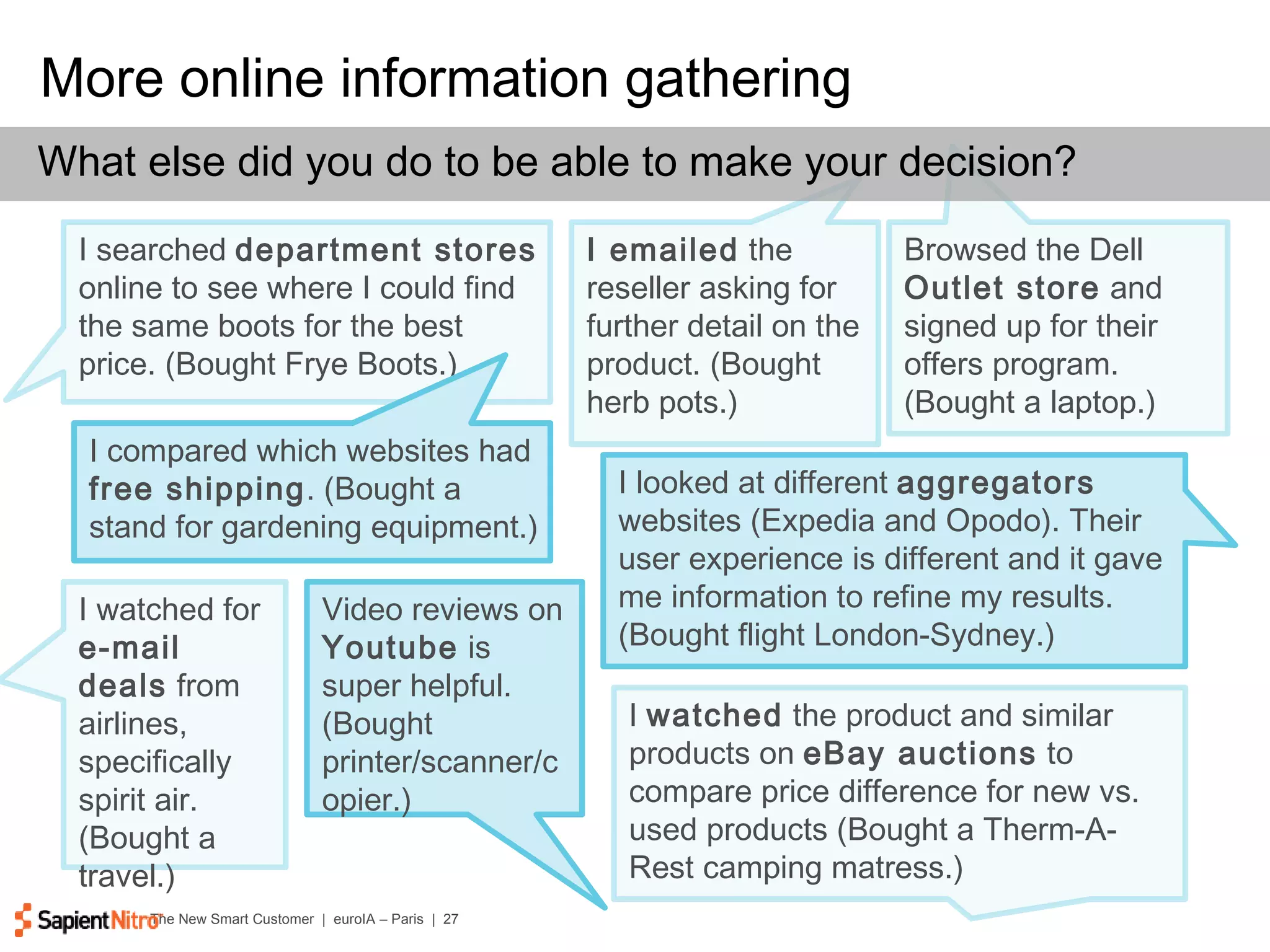 More online information gathering I searched  department stores  online to see where I could find the same boots for the best price. (Bought Frye Boots.) I watched for  e-mail deals  from airlines, specifically spirit air. (Bought a travel.) I emailed  the reseller asking for further detail on the product. (Bought herb pots.) Browsed the Dell  Outlet store  and signed up for their offers program. (Bought a laptop.) I compared which websites had  free shipping . (Bought a stand for gardening equipment.) I looked at different  aggregators  websites (Expedia and Opodo). Their user experience is different and it gave me information to refine my results. (Bought flight London-Sydney.) I  watched  the product and similar products on  eBay auctions  to compare price difference for new vs. used products (Bought a Therm-A-Rest camping matress.)  Video reviews on  Youtube  is super helpful. (Bought printer/scanner/copier.) What else did you do to be able to make your decision? 