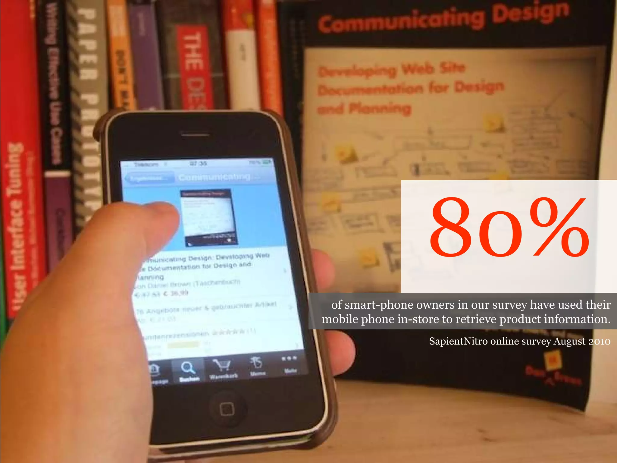 80% SapientNitro online survey August 2010 of smart-phone owners in our survey have used their mobile phone in-store to retrieve product information. 