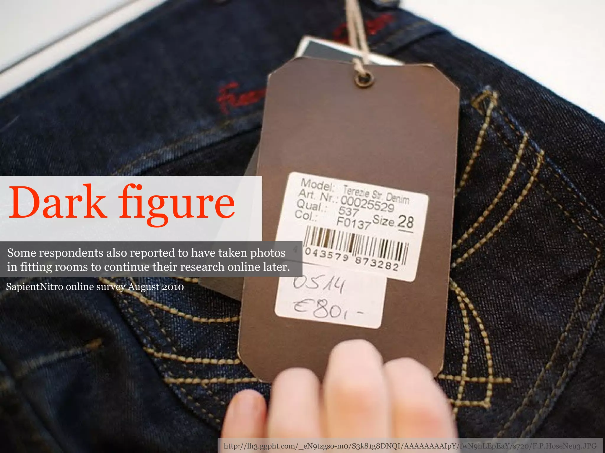 Dark figure SapientNitro online survey August 2010 http://lh3.ggpht.com/_eN9tzgso-m0/S3k81g8DNQI/AAAAAAAAIpY/fwN9hLEpEaY/s720/F.P.HoseNeu3.JPG Some respondents also reported to have taken photos in fitting rooms to continue their research online later. 