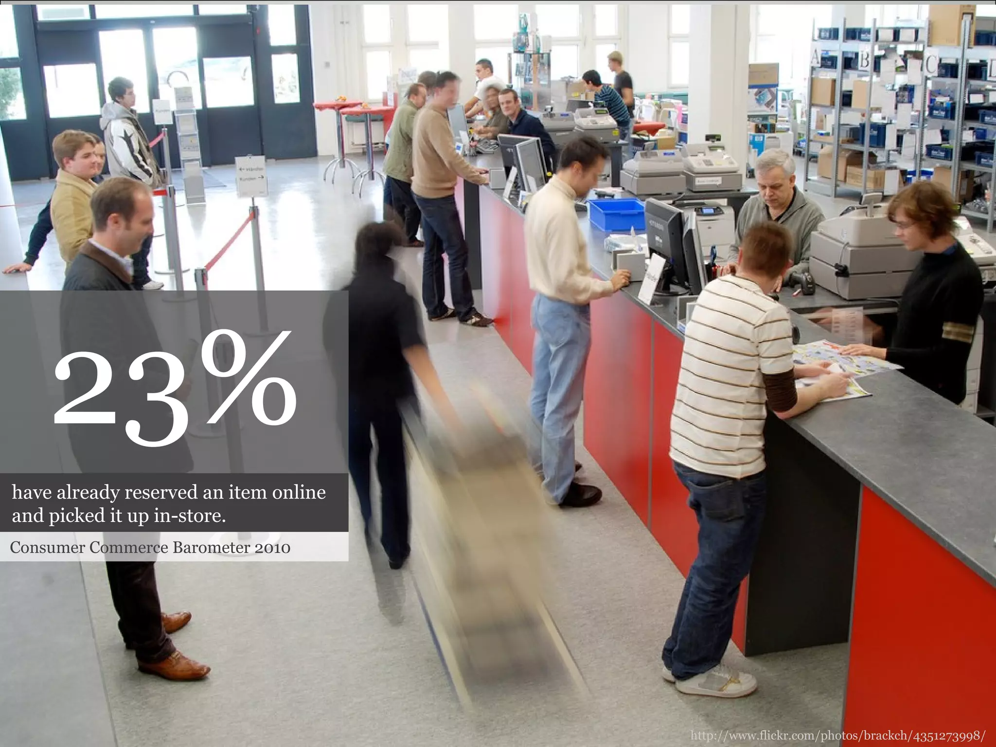 Consumer Commerce Barometer 2010 23% http://www.flickr.com/photos/brackch/4351273998/ have already reserved an item online and picked it up in-store. 