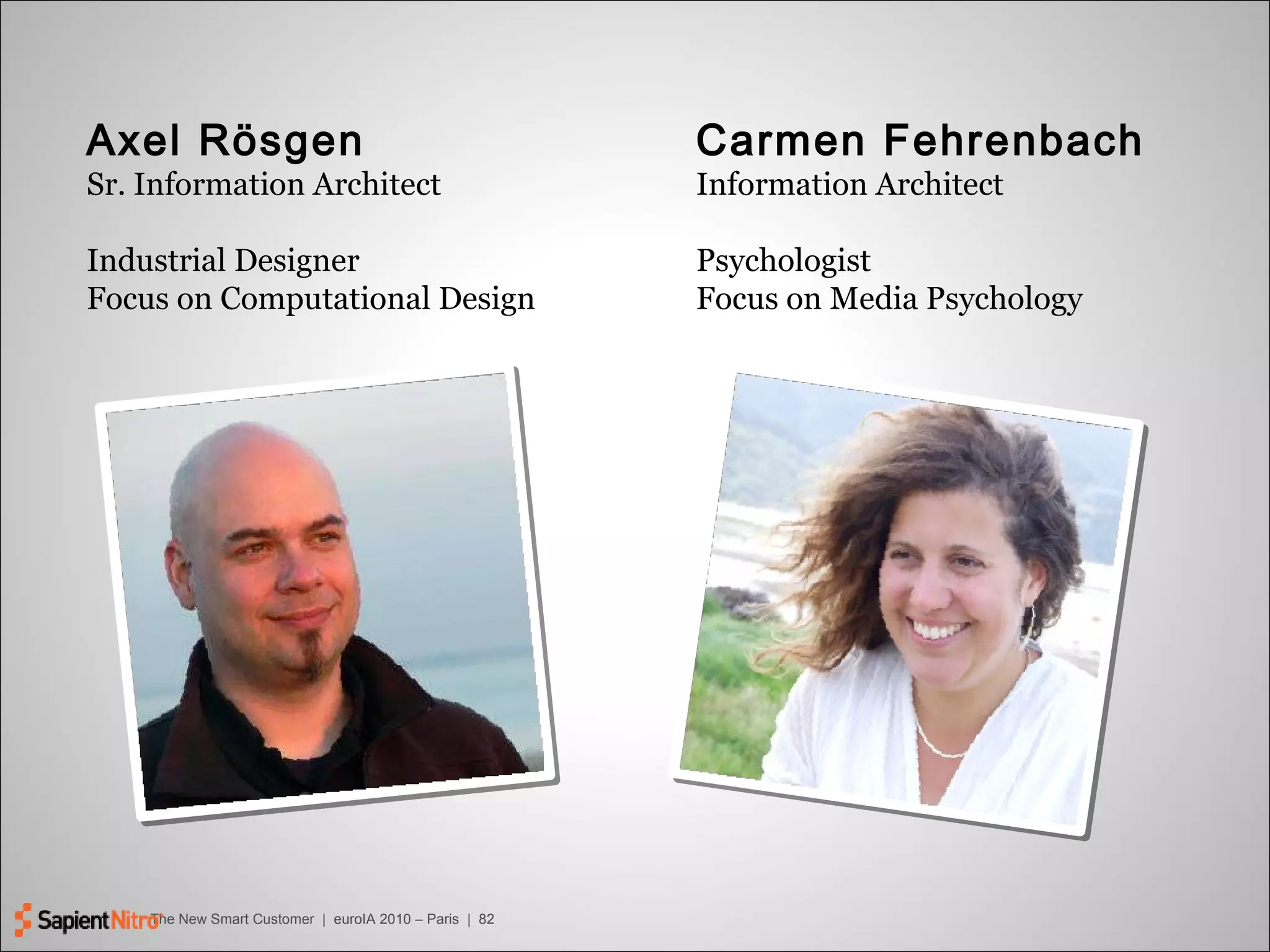 Carmen Fehrenbach Information Architect Psychologist  Focus on Media Psychology Axel Rösgen Sr. Information Architect Industrial Designer Focus on Computational Design 