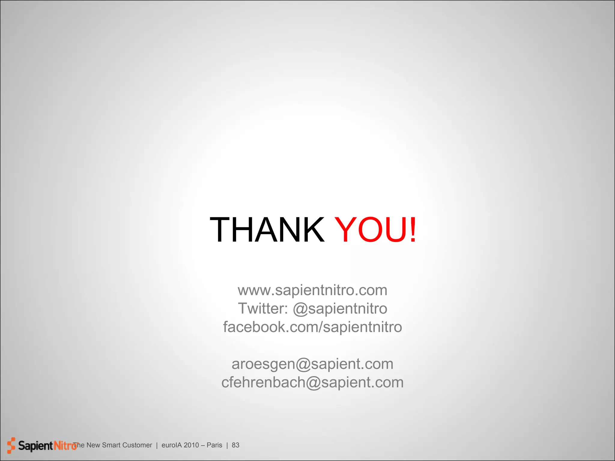 THANK  YOU! www.sapientnitro.com Twitter: @sapientnitro facebook.com/sapientnitro [email_address] [email_address] 