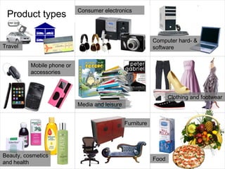 Product types Consumer electronics Travel Beauty, cosmetics and health Food Clothing and footwear Mobile phone or accessor...