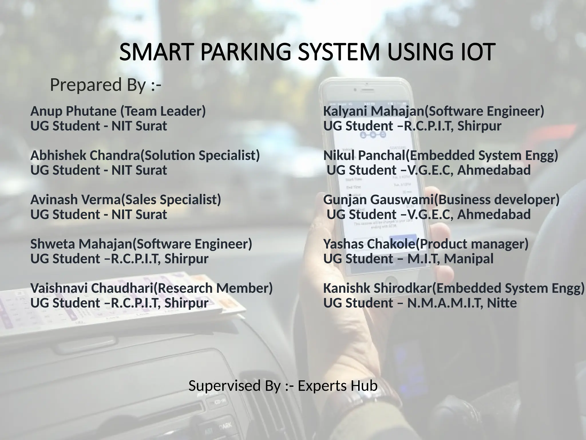 SMART PARKING SYSTEM USING IOT
Anup Phutane (Team Leader)
UG Student - NIT Surat
Abhishek Chandra(Solution Specialist)
UG Student - NIT Surat
Avinash Verma(Sales Specialist)
UG Student - NIT Surat
Shweta Mahajan(Software Engineer)
UG Student –R.C.P.I.T, Shirpur
Vaishnavi Chaudhari(Research Member)
UG Student –R.C.P.I.T, Shirpur
Kalyani Mahajan(Software Engineer)
UG Student –R.C.P.I.T, Shirpur
Nikul Panchal(Embedded System Engg)
UG Student –V.G.E.C, Ahmedabad
Gunjan Gauswami(Business developer)
UG Student –V.G.E.C, Ahmedabad
Yashas Chakole(Product manager)
UG Student – M.I.T, Manipal
Kanishk Shirodkar(Embedded System Engg)
UG Student – N.M.A.M.I.T, Nitte
Prepared By :-
Supervised By :- Experts Hub
 