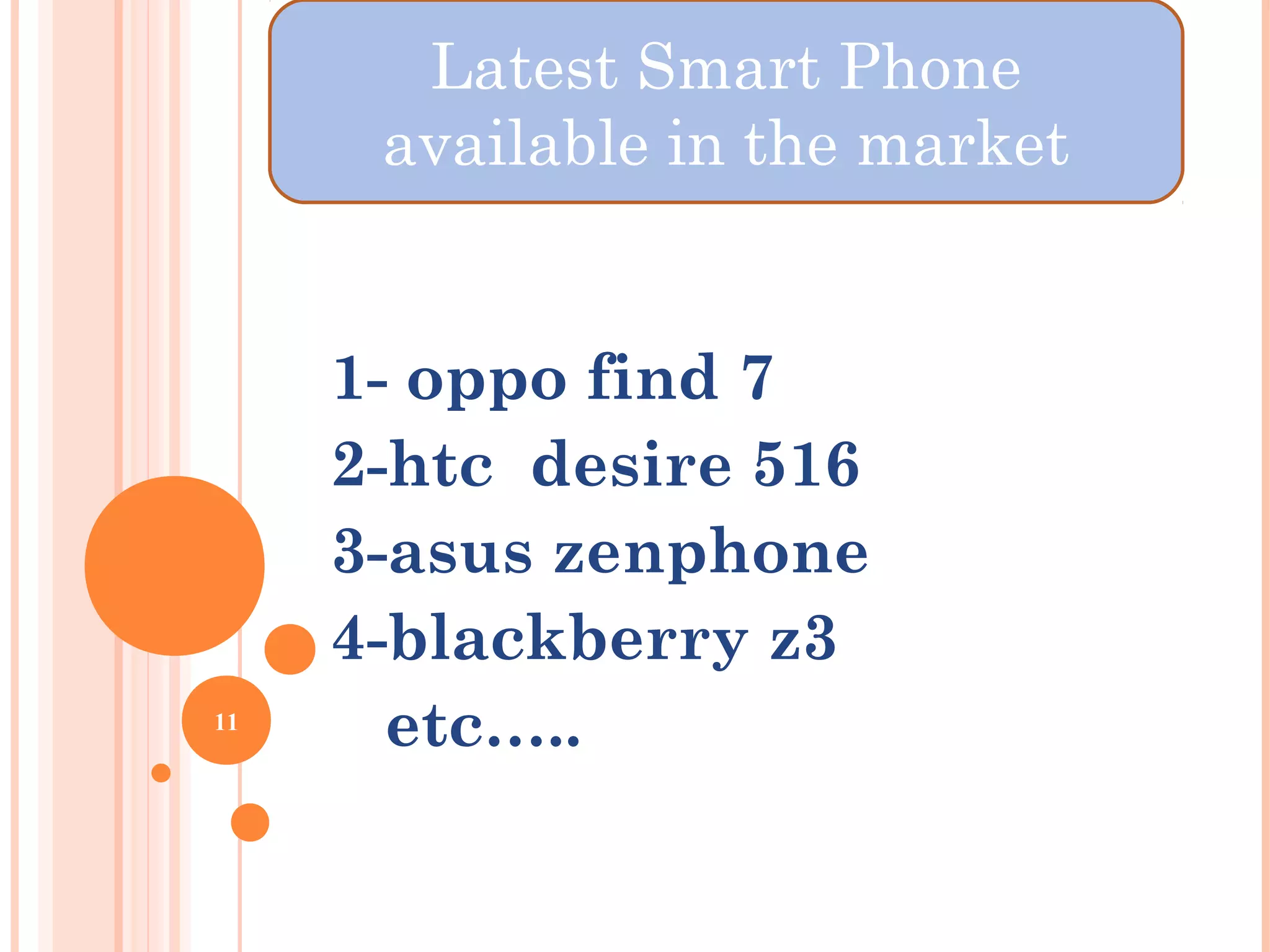 1- oppo find 7
2-htc desire 516
3-asus zenphone
4-blackberry z3
etc…..11
Latest Smart Phone
available in the market
 