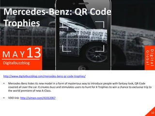 Mercedes-Benz: QR Code
Trophies


                   13




                                                                                                                                 Digital
MAY




                                                                                                                        Global
Digitalbuzzblog


http://www.digitalbuzzblog.com/mercedes-benz-qr-code-trophies/

•   Mercedes-Benz hides its new model in a form of mysterious way to introduce people with fantasy look, QR Code
    covered all over the car. It creates buzz and stimulates users to hunt for 4 Trophies to win a chance to exclusive trip to
    the world premiere of new A-Class.

•   VDO link: http://vimeo.com/41012067



                                                                                                                                   10
 
