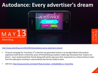Autodance: Every advertiser's dream



                  13




                                                                                                                            Digital
MAY




                                                                                                                   Global
Adverblog


http://www.adverblog.com/2012/05/13/autodance-every-advertisers-dream/

•   To launch campaign for “Just Dance 3″ is that the user generated content is so strongly linked to the product
    experience itself which is inherently social. CP+B Gothenburg created a mobile app that proves that “anyone can
    dance”. Users could record their friends doing stuff and the app syncs their movements to a choice of dance tracks
    from the video game resulting in a personalised clip that was ready to share.

•   VDO link: http://www.youtube.com/watch?feature=player_embedded&v=p_I5yUjU5Sw


                                                                                                                              11
 