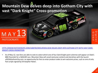 Mountain Dew delves deep into Gotham City with
vast “Dark Knight” Cross-promotion




                  13




                                                                                                                              Digital
MAY




                                                                                                                     Global
FASTCOCREATE


HTTP://WWW.FASTCOCREATE.COM/1680783/MOUNTAIN-DEW-DELVES-DEEP-INTO-GOTHAM-CITY-WITH-VAST-DARK-
KNIGHT-CROSS-PROMOTION

•   As of May 12, race fans are able to vote to select which one of four Dark Knight paint schemes will appear on Dale’s
    #88 Chevrolet for a NASCAR race. Mountain Dew will unveil exclusive content and storylines with the launch
    ofDEWGothamCity.com, an opportunity for fans to enter product codes to win exclusive prizes, such as one of only
    five scripts signed by Christopher Nolan.



                                                                                                                                12
 