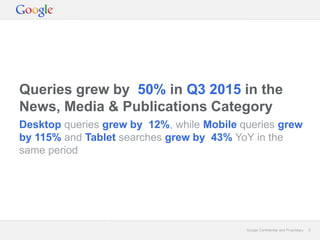 Google Confidential and Proprietary 2Google Confidential and Proprietary 2
Desktop queries grew by 12%, while Mobile queries grew
by 115% and Tablet searches grew by 43% YoY in the
same period
Queries grew by 50% in Q3 2015 in the
News, Media & Publications Category
 