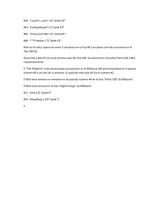 #58 - Touchin', Lovin' (-6) *peak 43*
#61 - Feeling Myself (-2) *peak 43*
#85 - Throw Sum Mo (+7) *peak 85*
#88 - ***Flawless (-7) *peak 41*
Nicki es la única rapera en tener 2 canciones en el Top 40 y la rapera con más canciones en el
Top 100 (6).
Anaconda y Bed of Lies esta semana caen del Top 100. Sus posiciones más altas fueron #2 y #62,
respectivamente.
🍧 "The Pinkprint" esta semana baja una posición en el Billboard 200 posicionándose en el puesto
número #3 a un mes de su estreno. Su posición más alta allí fue la número #2.
🍧 Nicki esta semana se mantiene en la posición número #4 de la lista "Artist 100" de Billboard.
🍧 Nicki esta semana en la lista "Digital Songs" de Billboard.
#21 - Only (-3) *peak 6*
#24 - Bang Bang (-10) *peak 1*
🍧
 