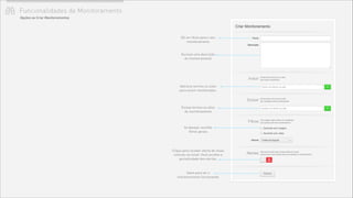 Funcionalidades de Monitoramento
Dê um título para o seu
monitoramento
Escreva uma descrição
do monitoramento
Adicione termos ou sites
para serem monitorados.
Exclua termos ou sites
do monitoramento
Se desejar, escolha
ﬁltros gerais
Salve para ver o
monitoramento funcionando
Opções ao Criar Monitoramentos
Clique para receber alerta de novas
notícias via email. Você escolhe a
periodicidade dos alertas.
 