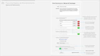 Funcionalidades de Monitoramento
Opções ao Criar Monitoramentos
Escolha onde estes termos devem
ser procurados. Se no texto
completo ou apenas no título
Clique no X para apagar
um termo monitorado
A qualquer momento
adicione novos termos
ao monitoramento.
Salve as alterações
Ou clique aqui para deletar
o monitoramento
Os campos de inclusão ou
exclusão aceitam todos os
operadores explicados na busca.
Assim você pode monitorar
também uma busca complexa.
Escolha a periodicidade
dos emails de alerta
 