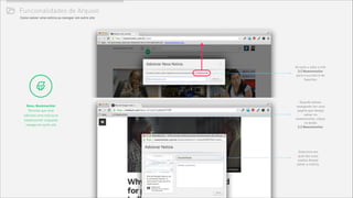 Funcionalidades de Arquivo# Como salvar uma notícia ao navegar em outro site
8
!
!
Novo: Bookmarklet
Permite que você
adicione uma notícia ao
newsmonitor enquanto
navega em outro site
Arraste e solte o link
[+] Newsmonitor
para a sua barra de
favoritos
Quando estiver
navegando em uma
pagina que deseja
salvar no
newsmonitor, clique
no botão
[+] Newsmonitor
Selecione em
qual das suas
pastas deseja
salvar a notícia.
 