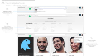 Funcionalidades Sociais%
●
Sugestões ao digitar
Use as sugestões para ir
direto à pagina de um
usuário
●
Usuários da minha
organização
Clique no menu usuários
para ver e navegar por todos
os usuários da sua
organização
●
Filtro de busca
Faça uma busca, clique em
ﬁltrar e selecione usuários.
Isso te trará uma lista com
todos os usuários com
aquele nome
1
2
3
Como encontrar usuários para seguir ou colaborar
 