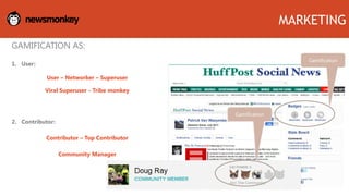 GAMIFICATION AS:
1. User:
User – Networker – Superuser
Viral Superuser - Tribe monkey
2. Contributor:
Contributor – Top Contributor
Community Manager
Gamification
MARKETING
Gamification
 
