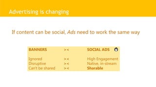 Advertising is changing
If content can be social, Ads need to work the same way
BANNERS >< SOCIAL ADS
Ignored >< High Engagement
Disruptive >< Native, in-stream
Can't be shared >< Sharable
 