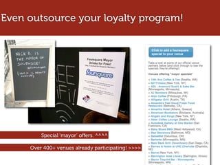 Even outsource your loyalty program!




         Special ‘mayor’ oﬀers. ^^^^

     Over 400+ venues already participating! >>>>
 