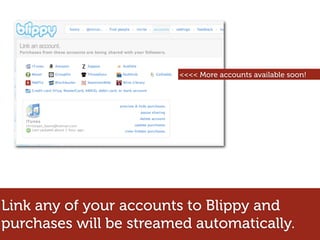 <<<< More accounts available soon!




Link any of your accounts to Blippy and
purchases will be streamed automatically.
 