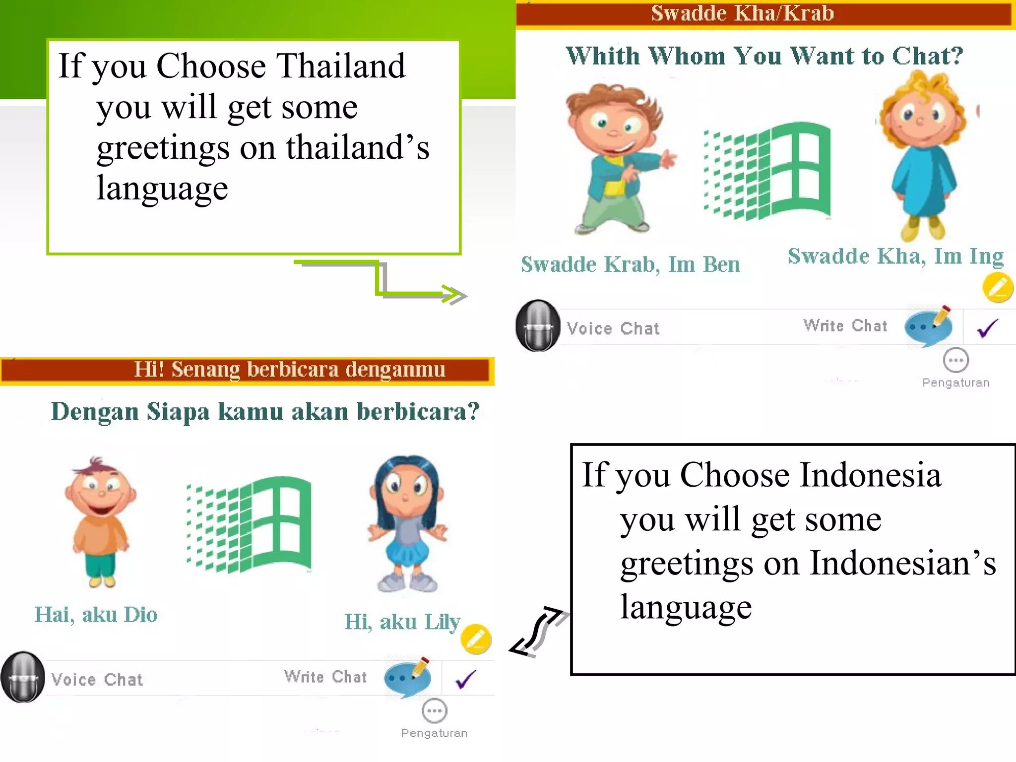 If you Choose Thailand
you will get some
greetings on thailand’s
language
If you Choose Indonesia
you will get some
greetings on Indonesian’s
language
 