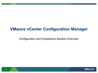 VMware vCenter Configuration Manager

         Configuration and Compliance Solution Overview




13
 