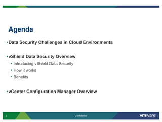 Agenda
•Data Security Challenges in Cloud Environments


•vShield Data Security Overview
  • Introducing vShield Data Security
  • How it works
  • Benefits


•vCenter Configuration Manager Overview




2                                   Confidential
 