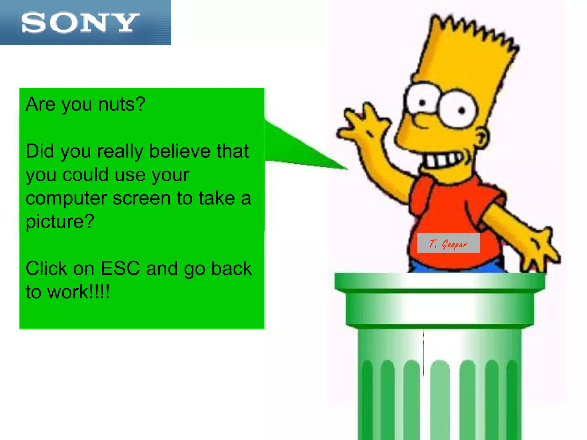 Are you nuts?

Did you really believe that
you could use your
computer screen to take a
picture?
                              T. Gaspar

Click on ESC and go back
to work!!!!
 