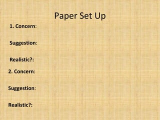 Paper Set Up <ul><li>1. Concern : </li></ul><ul><li>Suggestion :  </li></ul><ul><li>Realistic?: </li></ul>2. Concern : Sug...