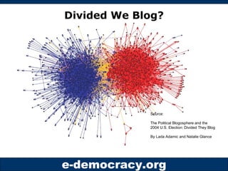 Divided We Blog? Source:  The Political Blogosphere and the 2004 U.S. Election: Divided They Blog By Lada Adamic and Natal...