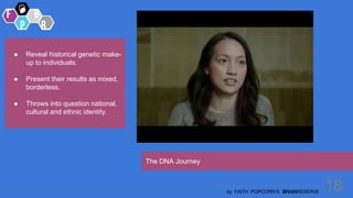18
by FAITH POPCORN’S BRAINRESERVE
The DNA Journey
● Reveal historical genetic make-
up to individuals.
● Present their results as mixed,
borderless.
● Throws into question national,
cultural and ethnic identity.
 