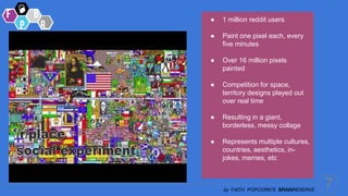 7
by FAITH POPCORN’S BRAINRESERVE
● 1 million reddit users
● Paint one pixel each, every
five minutes
● Over 16 million pixels
painted
● Competition for space,
territory designs played out
over real time
● Resulting in a giant,
borderless, messy collage
● Represents multiple cultures,
countries, aesthetics, in-
jokes, memes, etc
 