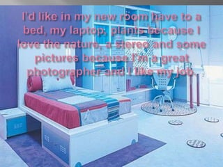 I’d like in my new room have to a bed, my laptop, plants because I love the nature, a stereo and some pictures because I’m a great photographer and I like my job.