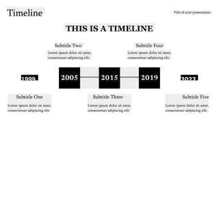 Timeline Title of your presentation.
1999
THIS IS A TIMELINE
Subtitle Two Subtitle Four
Lorem ipsum dolor sit amet,
consectetuer adipiscing elit.
Lorem ipsum dolor sit amet,
consectetuer adipiscing elit.
2022
Subtitle One
Lorem ipsum dolor sit amet,
consectetuer adipiscing elit.
Subtitle Three
Lorem ipsum dolor sit amet,
consectetuer adipiscing elit.
Subtitle Five
Lorem ipsum dolor sit amet,
consectetuer adipiscing elit.
 