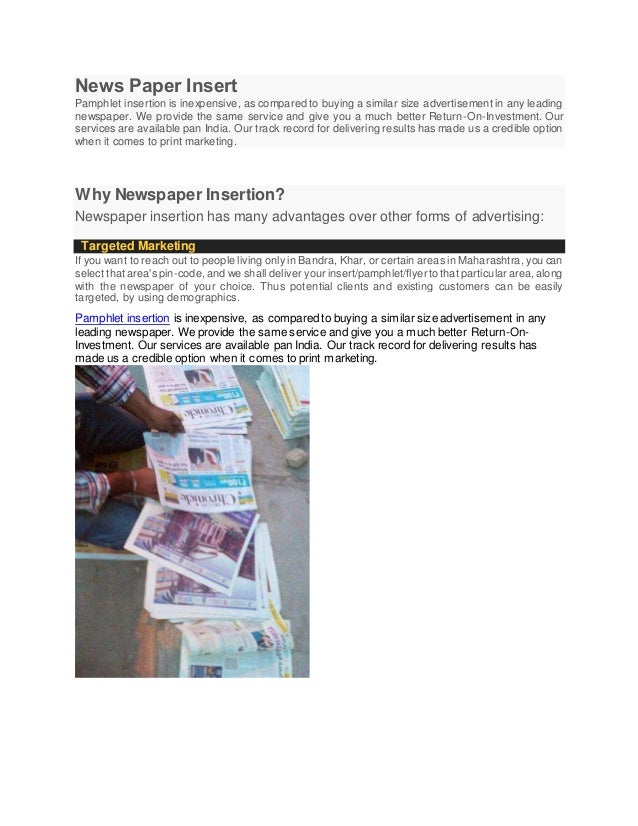 News paper insert, flyers distributor, pamphlet insertion