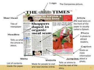 16 October 2013

The Companies picture.

The lead story on
the front of the
paper is usually
called a Splash.

Title of
newspaper

A photo to
attract
readers.

Tells us what
the article is
about.

List of contents
inside the paper.

Made for people to visit
and read stories online.

Tells us where to
find the rest of the
story.

Gives us
more
information
about a
photo.
18

 