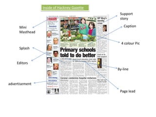 Inside of Hackney GazetteSupport storyCaption Mini Masthead 4 colour PicSplash Editors By-lineadvertisementPage lead