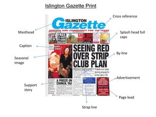 Islington Gazette PrintCross reference Masthead Splash head full capsCaption By-line Seasonal image Advertisement Support story Page lead Strap line 