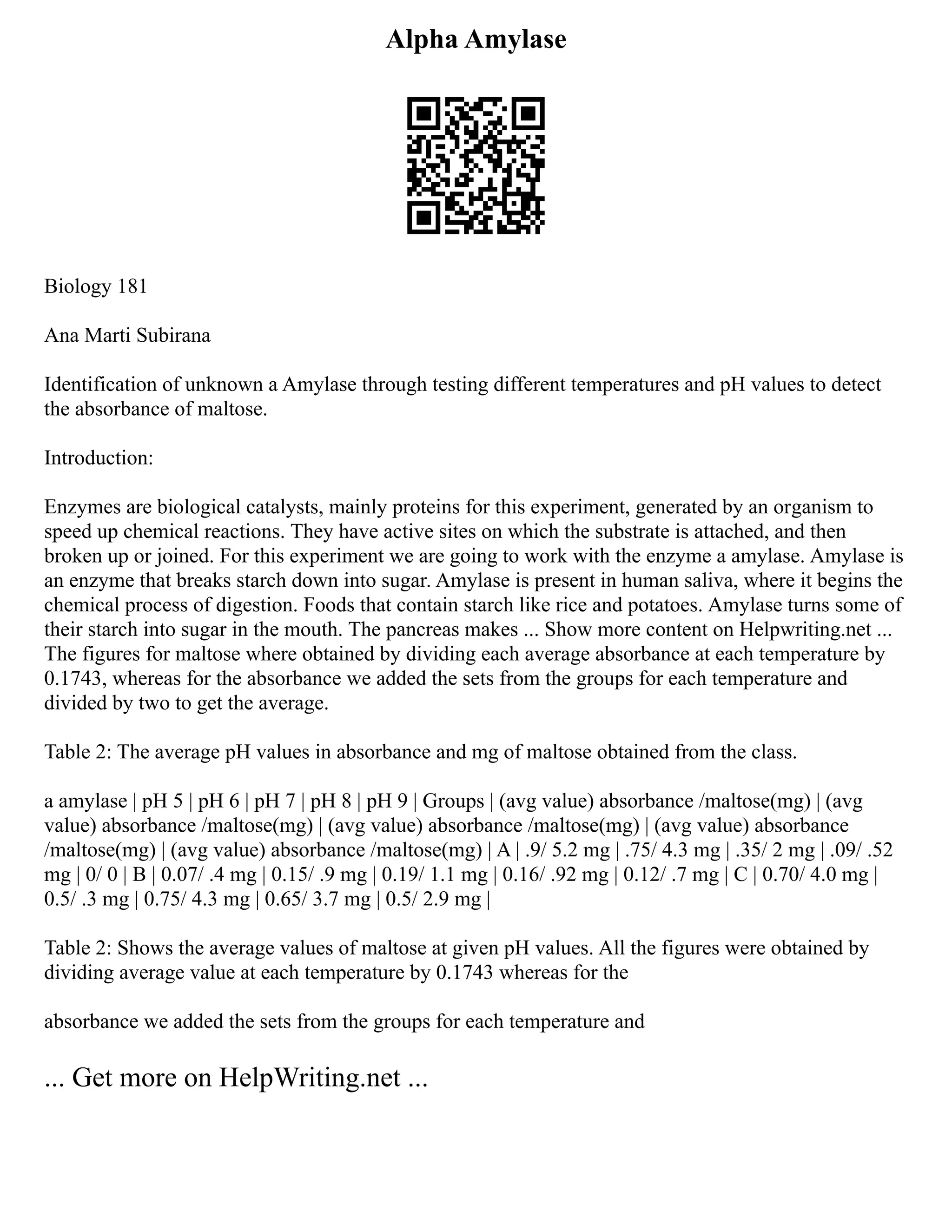 Alpha Amylase
Biology 181
Ana Marti Subirana
Identification of unknown a Amylase through testing different temperatures and pH values to detect
the absorbance of maltose.
Introduction:
Enzymes are biological catalysts, mainly proteins for this experiment, generated by an organism to
speed up chemical reactions. They have active sites on which the substrate is attached, and then
broken up or joined. For this experiment we are going to work with the enzyme a amylase. Amylase is
an enzyme that breaks starch down into sugar. Amylase is present in human saliva, where it begins the
chemical process of digestion. Foods that contain starch like rice and potatoes. Amylase turns some of
their starch into sugar in the mouth. The pancreas makes ... Show more content on Helpwriting.net ...
The figures for maltose where obtained by dividing each average absorbance at each temperature by
0.1743, whereas for the absorbance we added the sets from the groups for each temperature and
divided by two to get the average.
Table 2: The average pH values in absorbance and mg of maltose obtained from the class.
a amylase | pH 5 | pH 6 | pH 7 | pH 8 | pH 9 | Groups | (avg value) absorbance /maltose(mg) | (avg
value) absorbance /maltose(mg) | (avg value) absorbance /maltose(mg) | (avg value) absorbance
/maltose(mg) | (avg value) absorbance /maltose(mg) | A | .9/ 5.2 mg | .75/ 4.3 mg | .35/ 2 mg | .09/ .52
mg | 0/ 0 | B | 0.07/ .4 mg | 0.15/ .9 mg | 0.19/ 1.1 mg | 0.16/ .92 mg | 0.12/ .7 mg | C | 0.70/ 4.0 mg |
0.5/ .3 mg | 0.75/ 4.3 mg | 0.65/ 3.7 mg | 0.5/ 2.9 mg |
Table 2: Shows the average values of maltose at given pH values. All the figures were obtained by
dividing average value at each temperature by 0.1743 whereas for the
absorbance we added the sets from the groups for each temperature and
... Get more on HelpWriting.net ...
 
