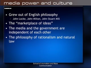 Libertarian Grew out of English philosophy John Locke, John Milton, John Stuart Mill The “marketplace of ideas” The media and the government are independent of each other The philosophy of rationalism and natural law School of Journalism and Mass Communication 