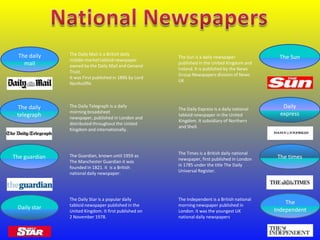 The daily
mail

The Daily Mail is a British daily
middle-market tabloid newspaper
owned by the Daily Mail and General
Trust.
It was First published in 1896 by Lord
Northcliffe.

The Sun is a daily newspaper
published in the United Kingdom and
Ireland. It is published by the News
Group Newspapers division of News
UK

The daily
telegraph

The Daily Telegraph is a daily
morning broadsheet
newspaper, published in London and
distributed throughout the United
Kingdom and internationally.

The Daily Express is a daily national
tabloid newspaper in the United
Kingdom. It subsidiary of Northern
and Shell.

The guardian

Daily star

The Guardian, known until 1959 as
The Manchester Guardian it was
founded in 1821. it is a British
national daily newspaper.

The Daily Star is a popular daily
tabloid newspaper published in the
United Kingdom. It first published on
2 November 1978.

The Times is a British daily national
newspaper, first published in London
in 1785 under the title The Daily
Universal Register.

The Independent is a British national
morning newspaper published in
London. it was the youngest UK
national daily newspapers.

The Sun

Daily
express

The times

The
Independent

 