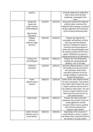 quality.) aesthetic billboard to understand
what is best not to do when
producing a newspaper front
cover.
Design the
layout and
colour scheme
of the billboard
Step by Step
Document
21/12/15 23/12/15 Design the layout of the billboard
and the colour scheme of the
billboard whilst keeping a record of
design judgments with references
to the research previously done
Produce
relevant
materials (logo,
banners)
29/12/15 01/01/16 Produce the logo for the
newspaper with banners and the
text to go with the billboard
because a billboard is meant to
stand out and only glimpsed at
rather than being thoroughly read
for a decent amount of time like a
poster. Billboards are meant to
display quick pieces of information
Produce the
final billboard
04/01/16 09/01/16 Produce the final billboard by
combing the already produced
products such as the logo.
Billboard
Evaluation
11/01/16 16/01/16 Send the billboard product so that
the feedback can be secured for
the evaluation. Refer to the
evaluation questions to ensure
enough feedback is gathered to
answer the questions.
Radio
Advertisement
research
18/01/16 23/01/16 Gather three radio advertisements
for local newspapers. Two of them
from wider radio studios who have
a higher audience and one from a
low audience radio studio. This will
ensure a range of adverts to see
what to do and not to do for my
radio advertisement.
Radio Script 26/01/16 29/01/16 Produce the radio script with
references the research so that all
script judgements and the
structure of the script is justified
with relevant research from
previous radio adverts.
Gather relevant
material such as
sound effects.
30/01/16 30/01/16 Depending on the research, if
sound effects or music is used in
the adverts then sound will need to
be utilized in my radio advert.
 