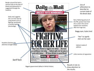 Use of
alliteration to
describe he
current state of
the Brexit deal.
Daily mail suggests
she is on her own by
using words such as
fighting, bombshell,
crushing, battling
(Anchorage)
Results in red, to
draw attention to
the results.
“Her” to signify
she’s on her own
Not a flattering picture of
the PM, proves how tired
she is and in the corner
explains her emotions
after her huge loss.
Little mention of opposition
Headline (Catches the
attention straight away)
Border around the text is
red this links to the idea of
blood and dying which is
suggested through the
headline
Serif font
Baggy eyes, looks tired
Indirect mode of
address
Biggest government defeat in British history
 