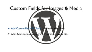 Custom Fields for Images & Media


•   Add Custom Fields To Media (plugin) for WordPress

•   Adds fields such as photographer name, url, credit etc.
 