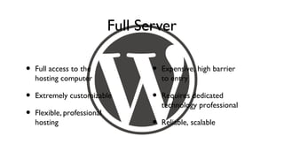 Full Server

•   Full access to the              •   Expensive, high barrier
    hosting computer                    to entry

•   Extremely customizable          •   Requires dedicated
                                        technology professional
•   Flexible, professional
    hosting                         •   Reliable, scalable
 