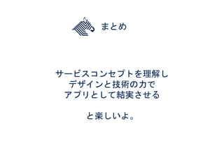 まとめ
サービスコンセプトを理解し
デザインと技術の力で
アプリとして結実させる
と楽しいよ。
 