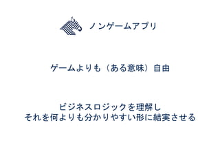 ノンゲームアプリ
ビジネスロジックを理解し
それを何よりも分かりやすい形に結実させる
ゲームよりも（ある意味）自由
 