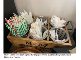 Plastic straws have been replaced with paper straws, but the cutlery is still plastic.
Photo: Lisa Praesto
 