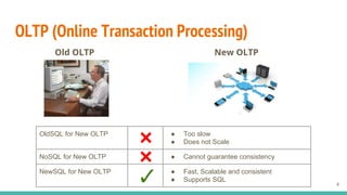 OLTP (Online Transaction Processing)
4
Old OLTP New OLTP
OldSQL for New OLTP ● Too slow
● Does not Scale
NoSQL for New OLTP ● Cannot guarantee consistency
NewSQL for New OLTP ● Fast, Scalable and consistent
● Supports SQL
 