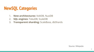 NewSQL Categories
1. New architectures: VoltDB, NuoDB
2. SQL engines: TokuDB, ScaleDB
3. Transparent sharding: ScaleBase, dbShards
9
Source: Wikipedia
 