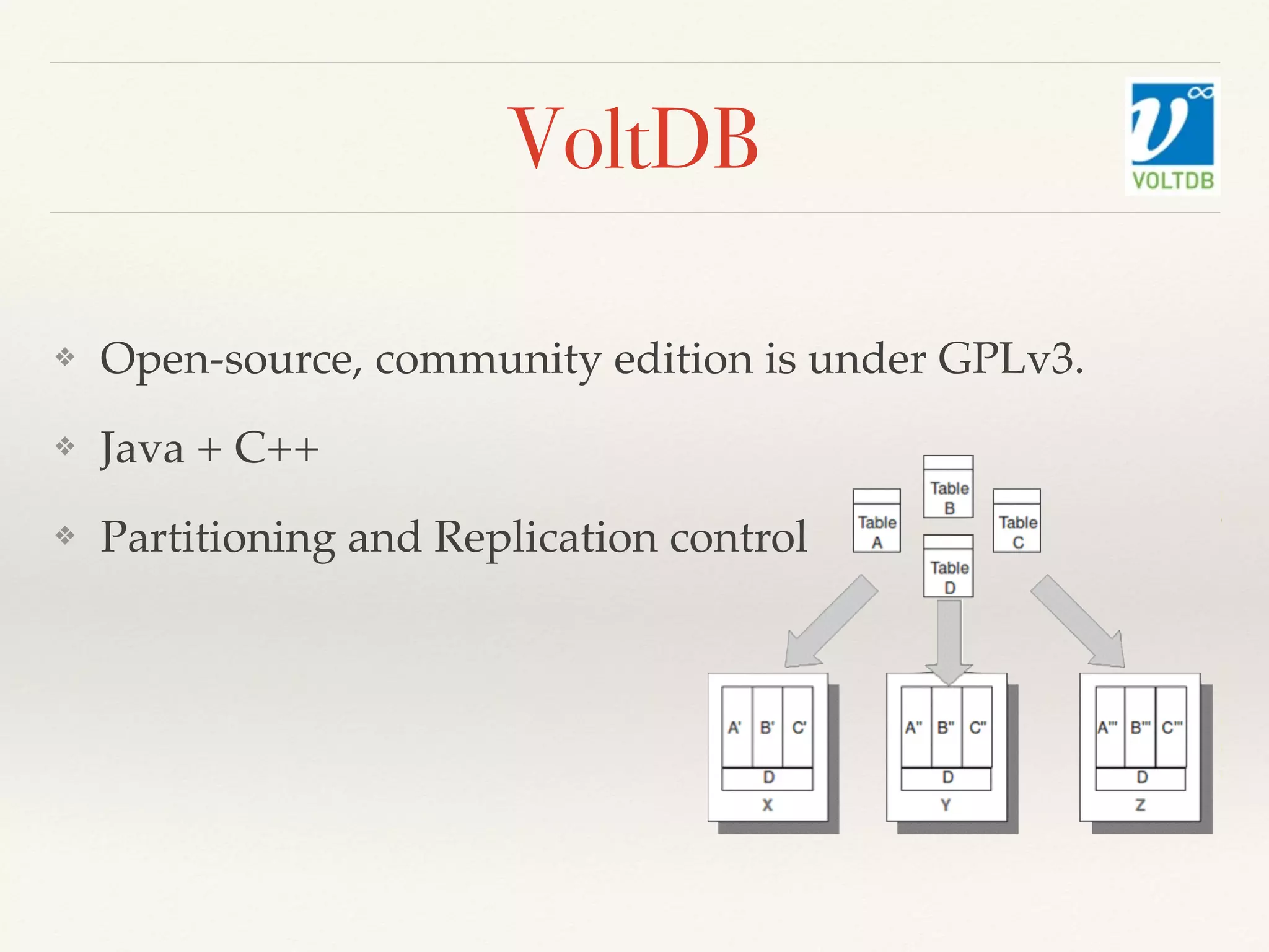 VoltDB
❖ Open-source, community edition is under GPLv3.
❖ Java + C++
❖ Partitioning and Replication control
 