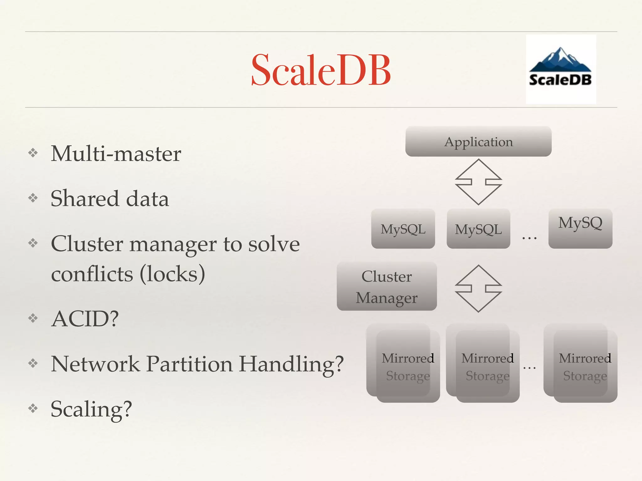 ❖ Multi-master
❖ Shared data
❖ Cluster manager to solve 
conﬂicts (locks)
❖ ACID?
❖ Network Partition Handling?
❖ Scaling?
ScaleDB
MySQL MySQL MySQ
…
Mirrored
Storage
…
Application
Cluster
Manager
Mirrored
Storage
Mirrored
Storage
 